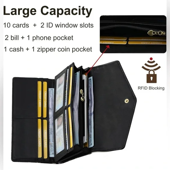 NWT RFID Blocking Trifold Wallet, PU Leather Clutch Multi Card Large - Picture 5 of 6